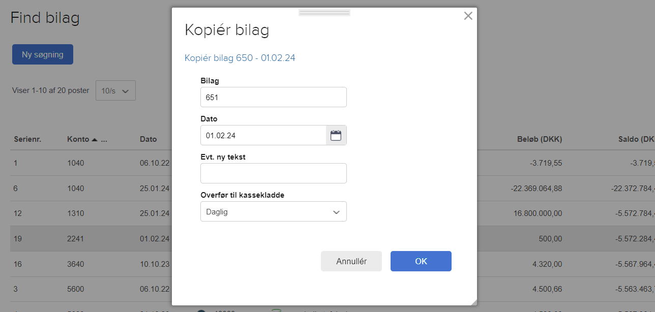 Viser dialogboksen 'Kopiér bilag' i Søgning og lister – bruges til at vælge kassekladde og angive nye oplysninger for et kopieret bilag.