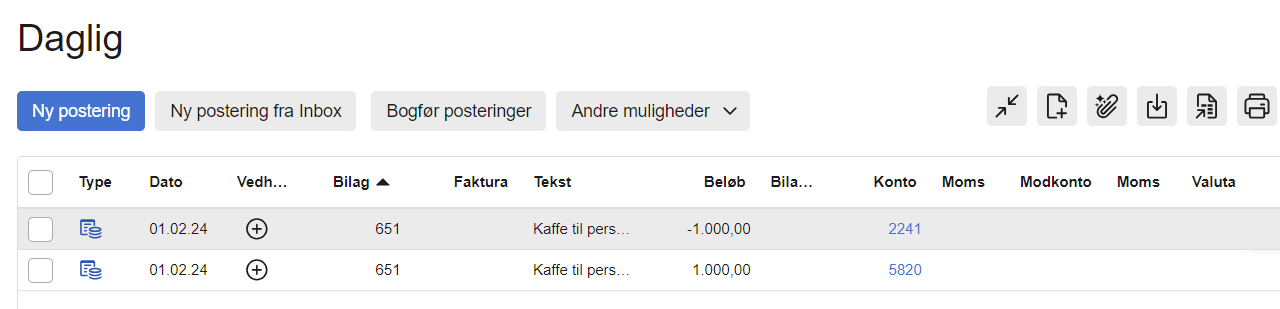 Viser en vendt postering i en kassekladde – bruges til at se resultatet af en vending.