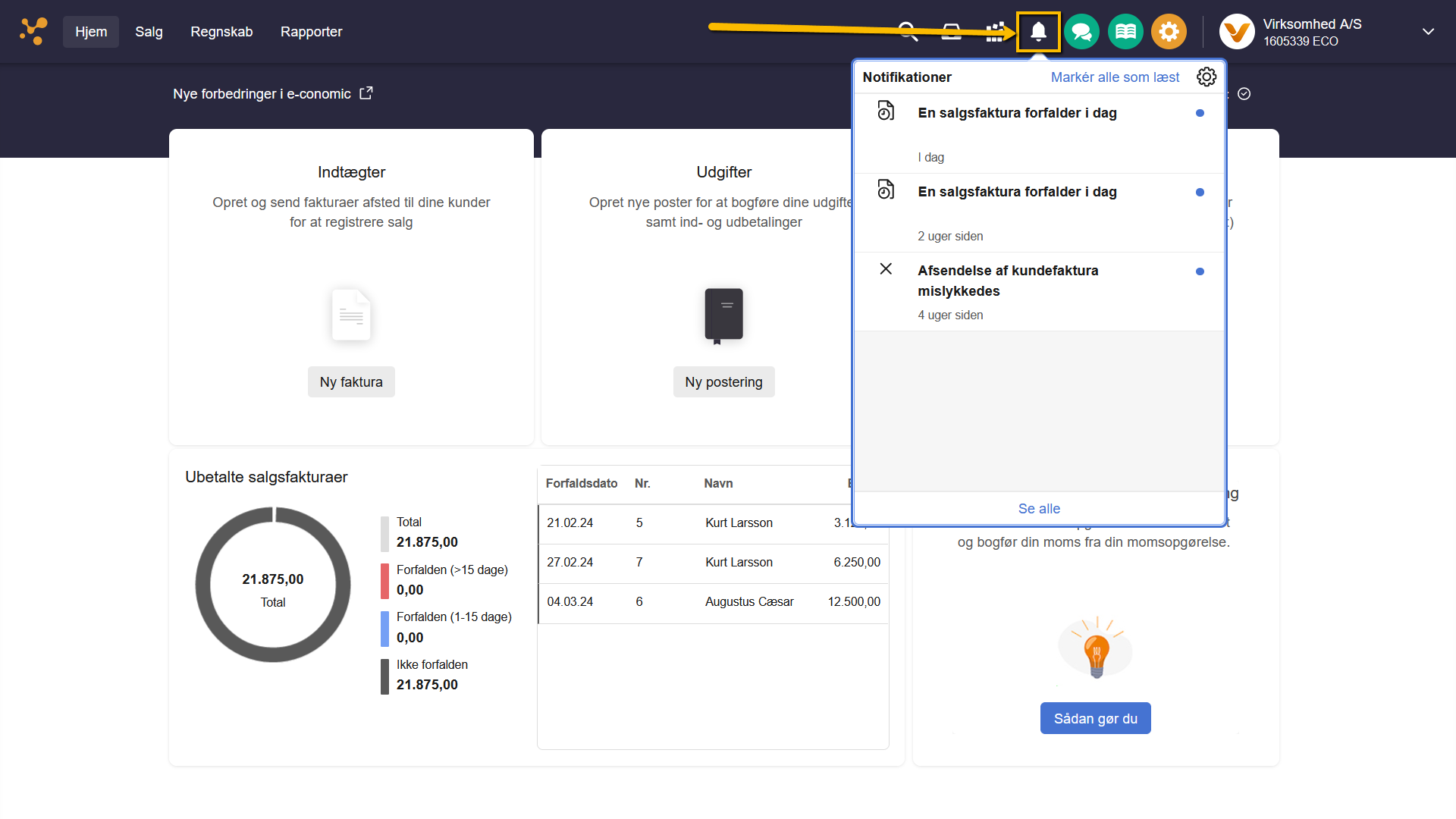 Viser notifikationsmenuen i toppanelet – bruges til at få et overblik over nye og gamle notifikationer