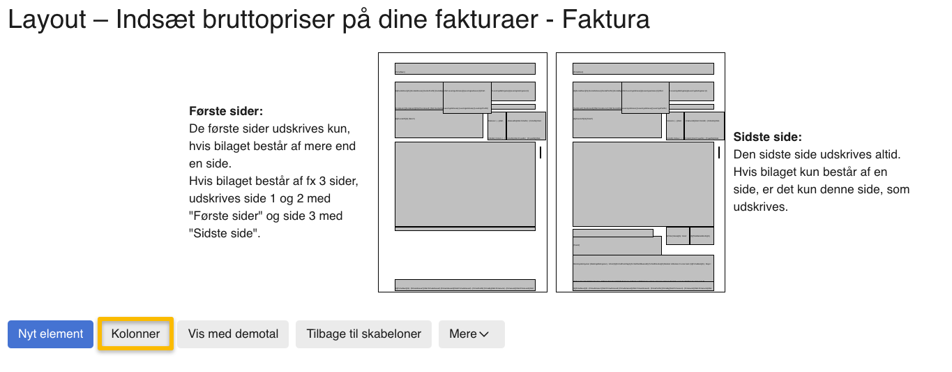 Viser "Kolonner"-knappen i layout-editoren – bruges til at indsætte bruttopriser i fakturaens kolonner.