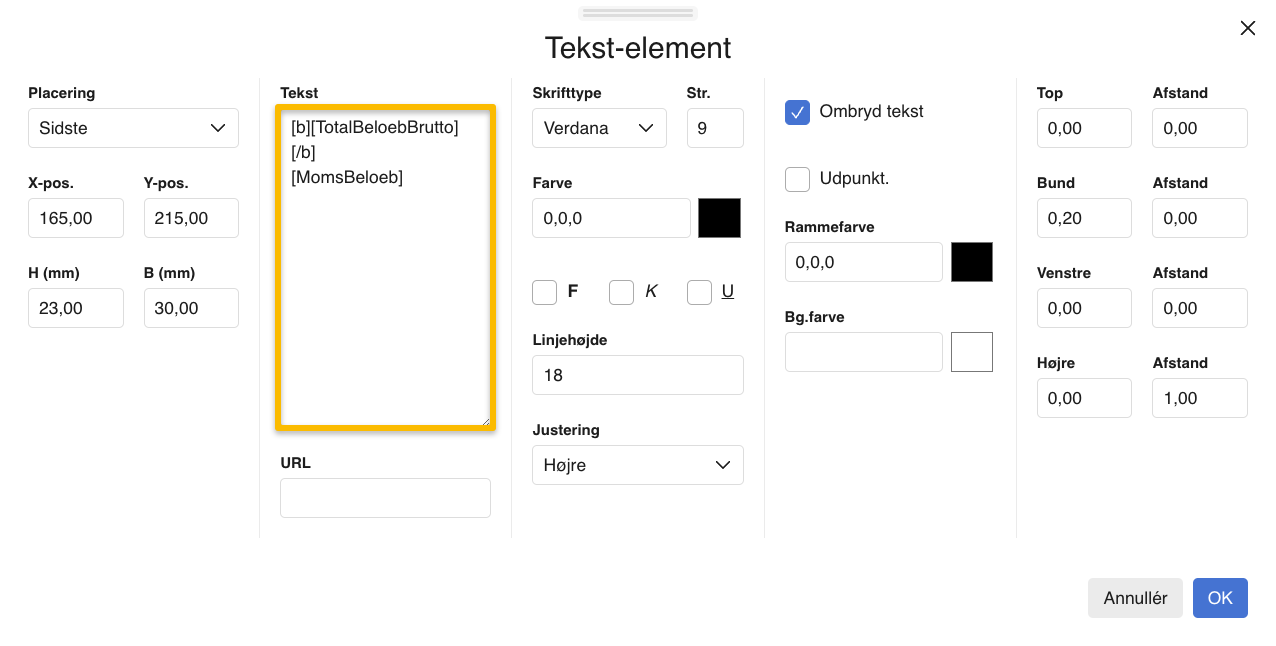 Viser et tekst-element med data-tags i skabelonopsætningen – bruges til at indsætte en bruttopris på en faktura.