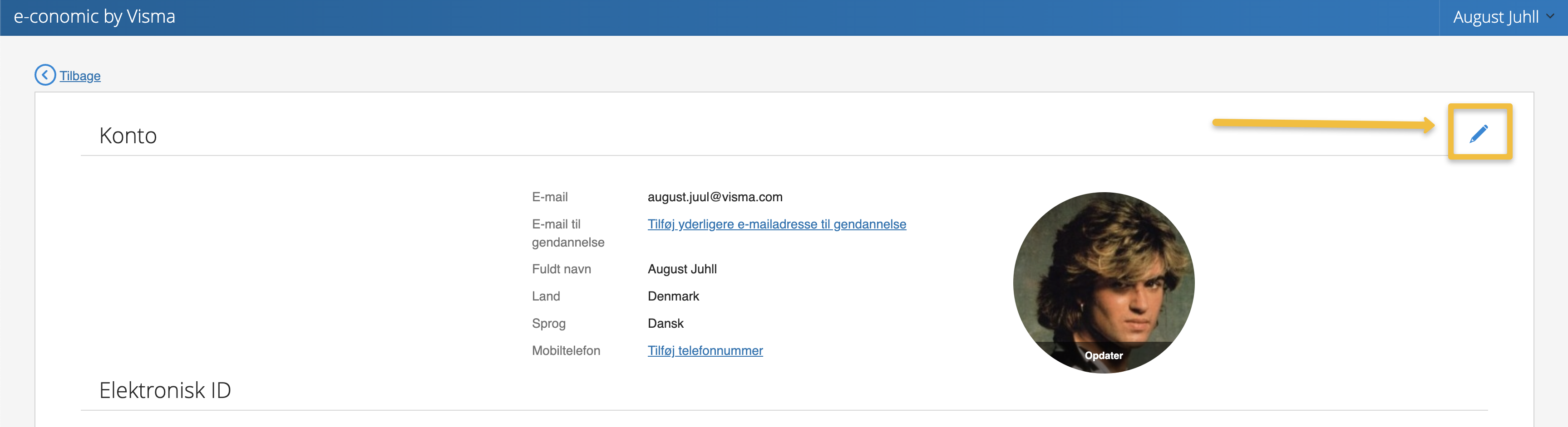 Viser redigeringsikonet på kontosiden i Visma Connect – bruges til at ændre brugeroplysninger som navn, land og sprog.
