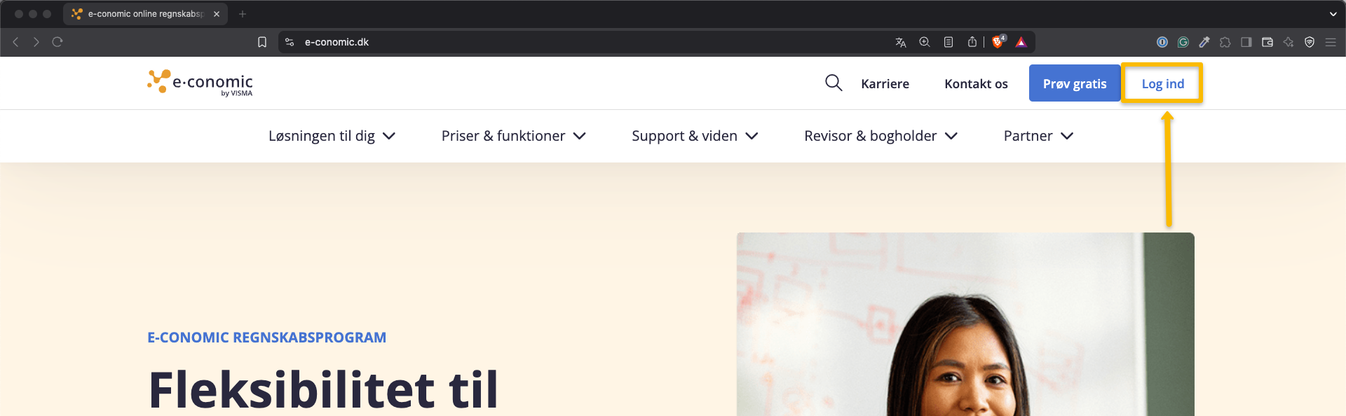 Viser Log ind-knappen på e-conomic.dk – bruges til at logge ind på sin e-conomic aftale