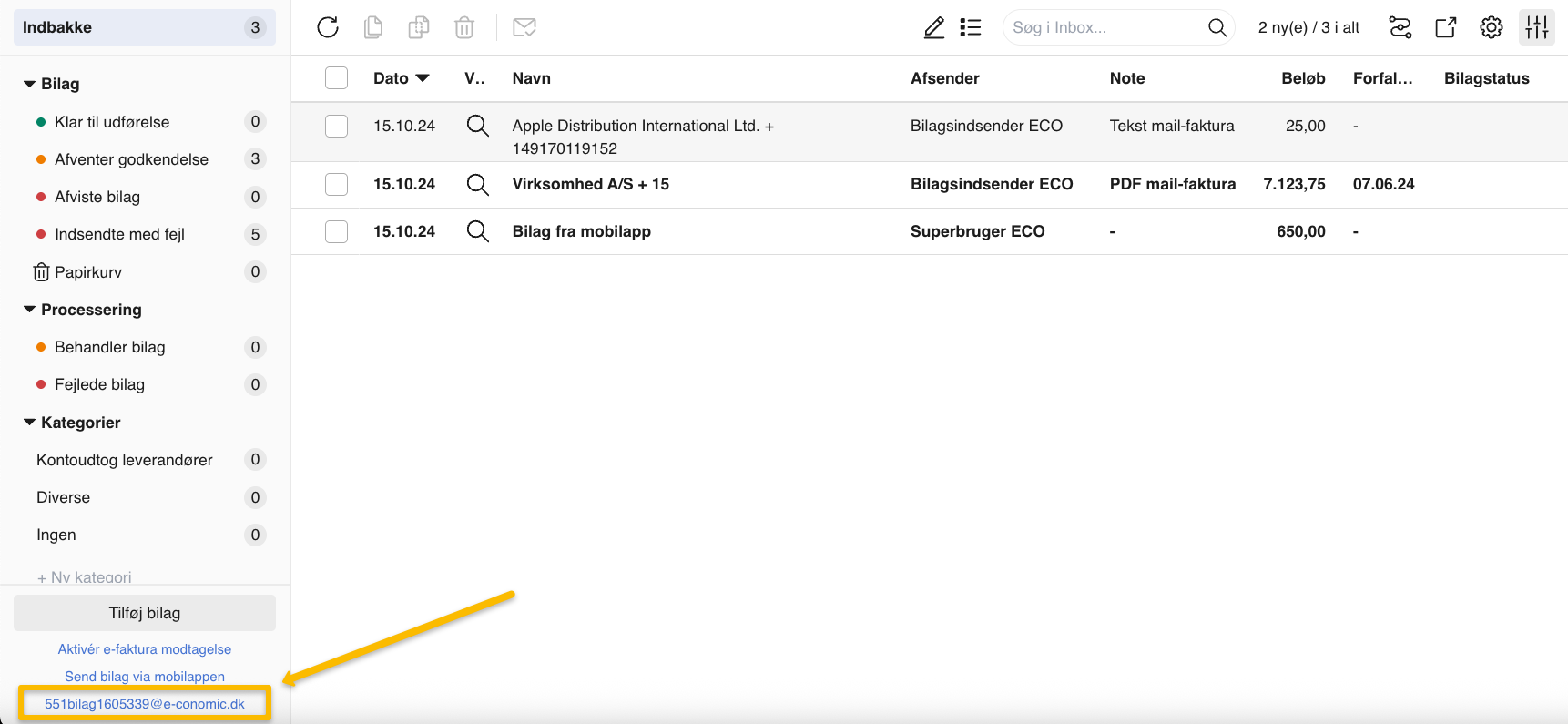 Viser den unikke indscanningsmail i Indbakken – bruges til at sende bilag til Indbakken via e-mail