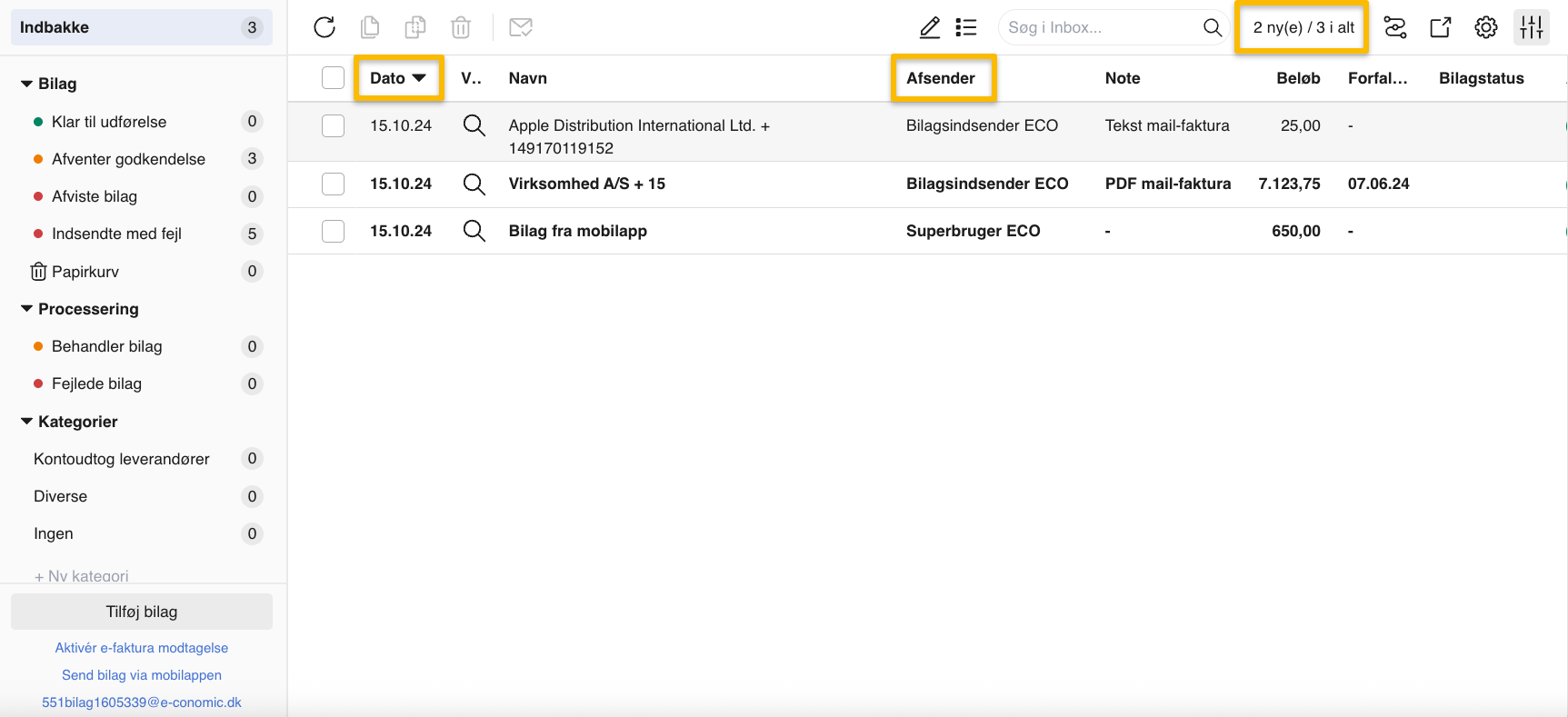 Viser oversigten over bilag i Indbakken – bruges til at se status, afsender og dato på uploadede bilag.