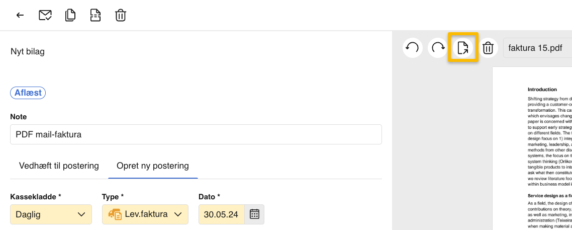 Viser ikonet 'Udskil side som separat bilag' i bilagsvisningen – bruges til at udskille en side fra et dokument og oprette den som et nyt bilag.