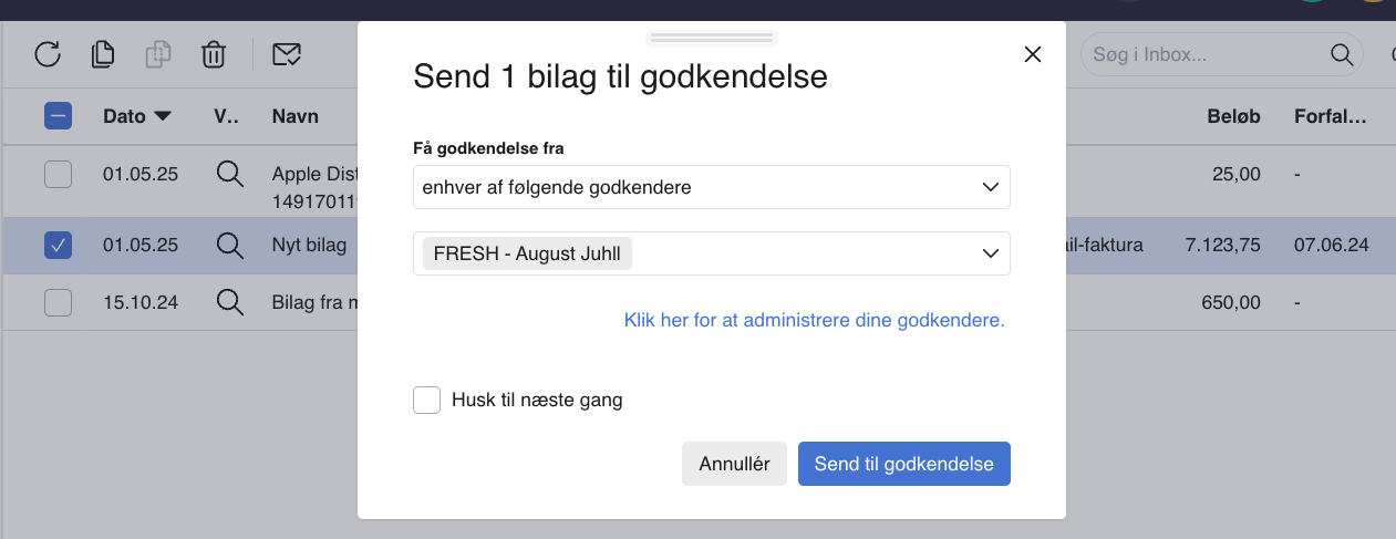 Viser dialogboksen 'Send bilag til godkendelse' i Inbox – bruges til at vælge en godkender og sende et bilag til godkendelse.