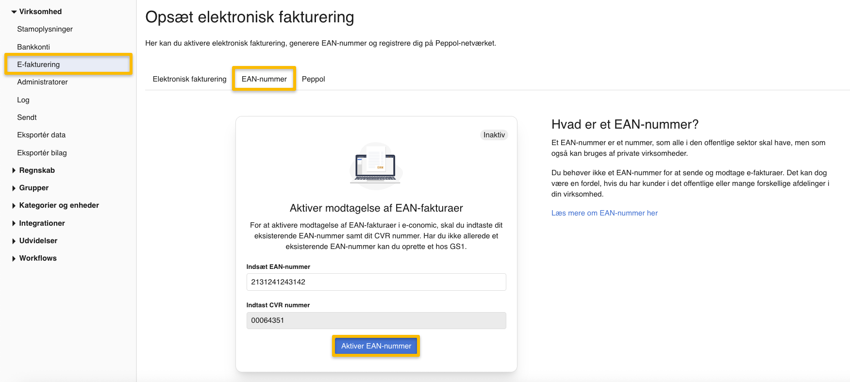Viser indtastning af EAN- og CVR-nummer i opsætningen for elektronisk fakturering – bruges til at aktivere et eksisterende EAN-nummer.