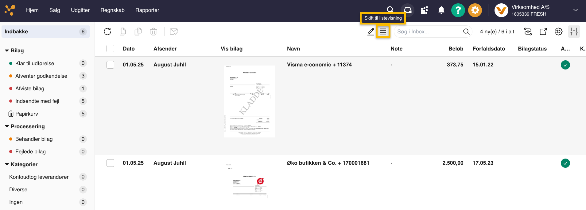 Viser ikonet for listevisning i Indbakke – bruges til at skifte fra bilagsvisning til listevisning.