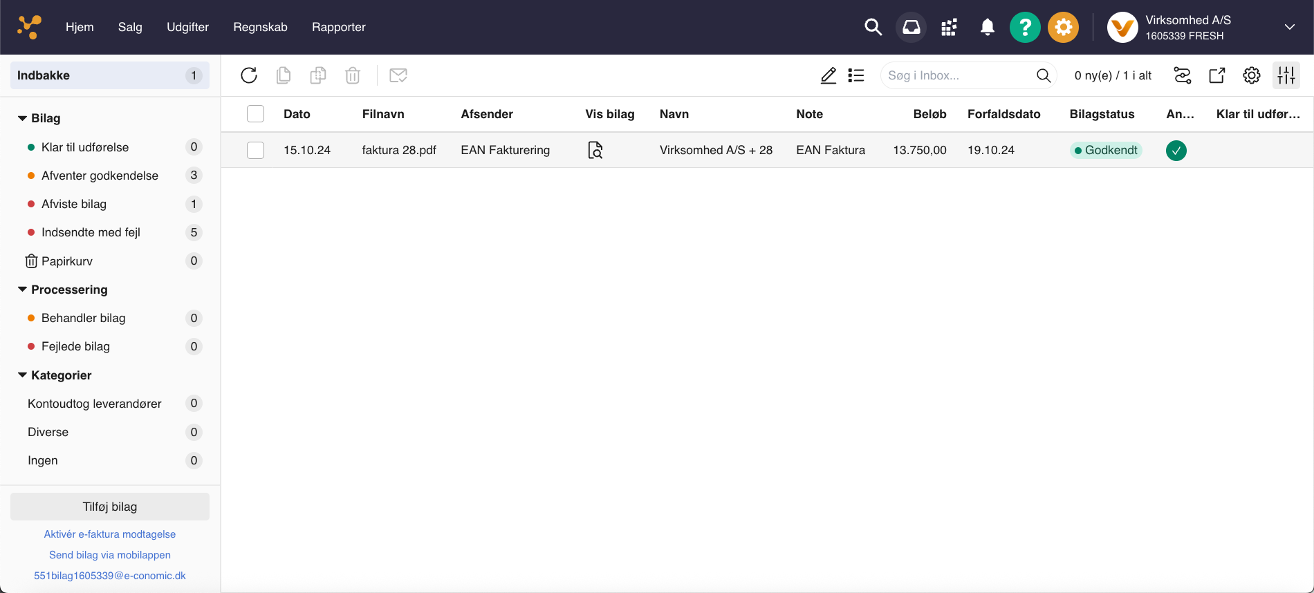Viser listen over bilag i Indbakke – bruges til at få et overblik over og administrere indkomne bilag.