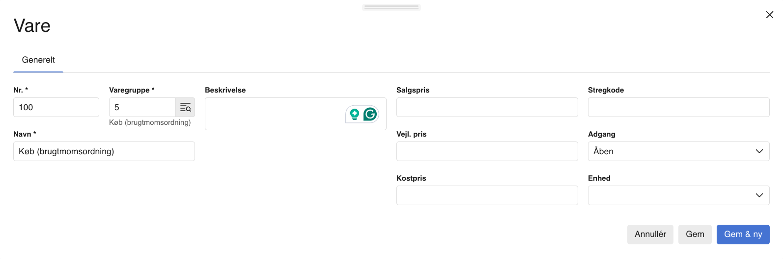 Viser oprettelse af en vare i varekartoteket – bruges til at kunne bogføre køb under brugtmomsordningen.