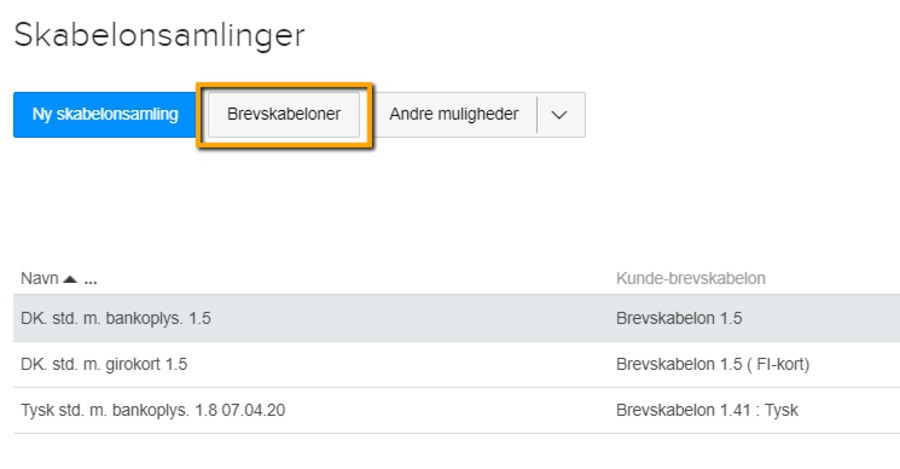 Viser knappen "Brevskabeloner" i Skabelonsamlinger – bruges til at finde den brevskabelon, der skal rettes.