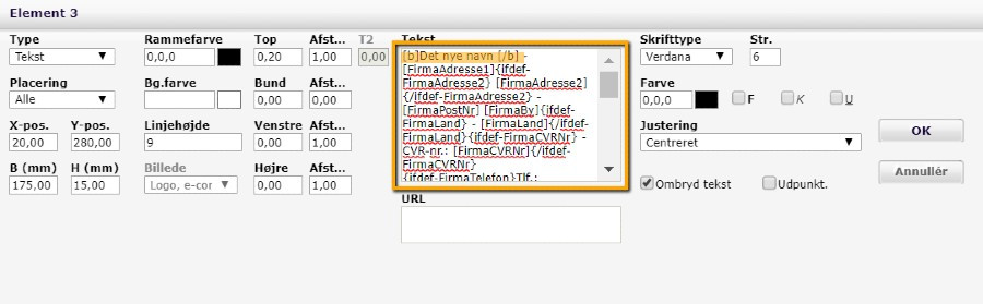 Viser redigeringsvinduet for et tekstelement i brevskabelonens layout – bruges til at manuelt ændre firmaoplysningerne for en skabelon.