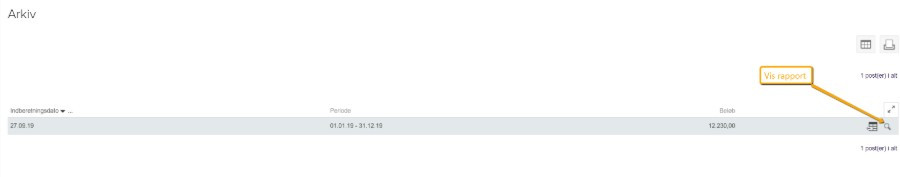Viser "Vis rapport"-ikonet i momsarkivet – bruges til at se den tilhørende momsopgørelse.