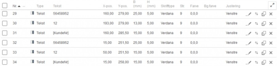 Viser de færdige indstillinger for PBS-elementer i skabelonlayout – bruges til at se, hvilke værdier og koordinater der skal indtastes.