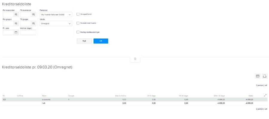 Viser generering af en kreditorsaldoliste i Rapportfanen – bruges til at få overblik over forfalden gæld til leverandører.