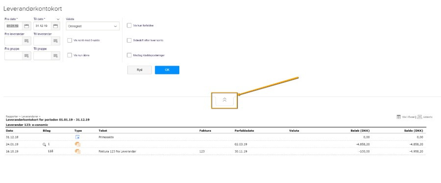 Viser knappen med to pile i leverandørkontokortet – bruges til at vise eller skjule søgeområdet.
