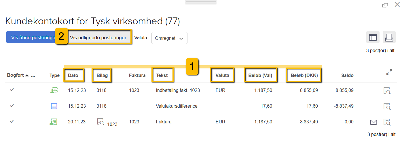 Viser posteringsoplysninger og knappen 'Vis udlignede posteringer' på kundekontokortet – bruges til at finde en forkert postering og gå til funktionen, der ophæver udligningen.