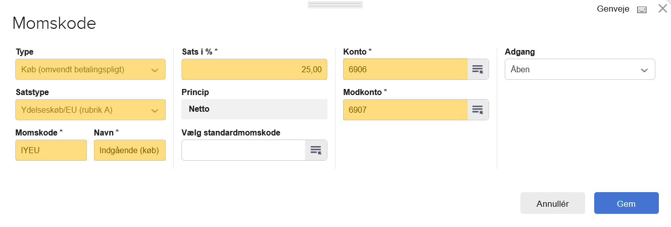 Viser opsætning af en ny momskode i momskode-opsætningen – bruges til at definere en kode til håndtering af moms på ydelser købt i EU.