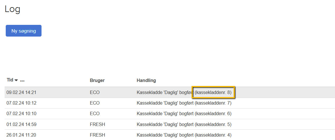 Viser listen over bogførte kassekladder i Log – bruges til at finde kassekladdenummeret på en bestemt kassekladde.