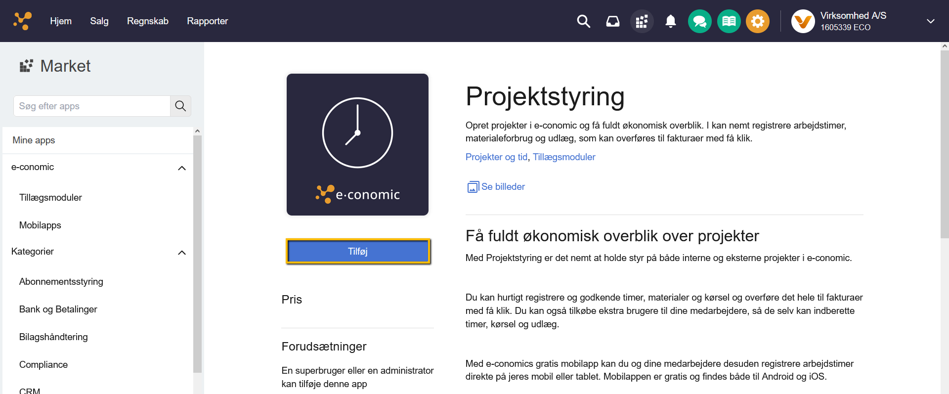 Viser knappen 'Tilføj' i Market – bruges til at tilføje den valgte app til e-conomic-aftalen.