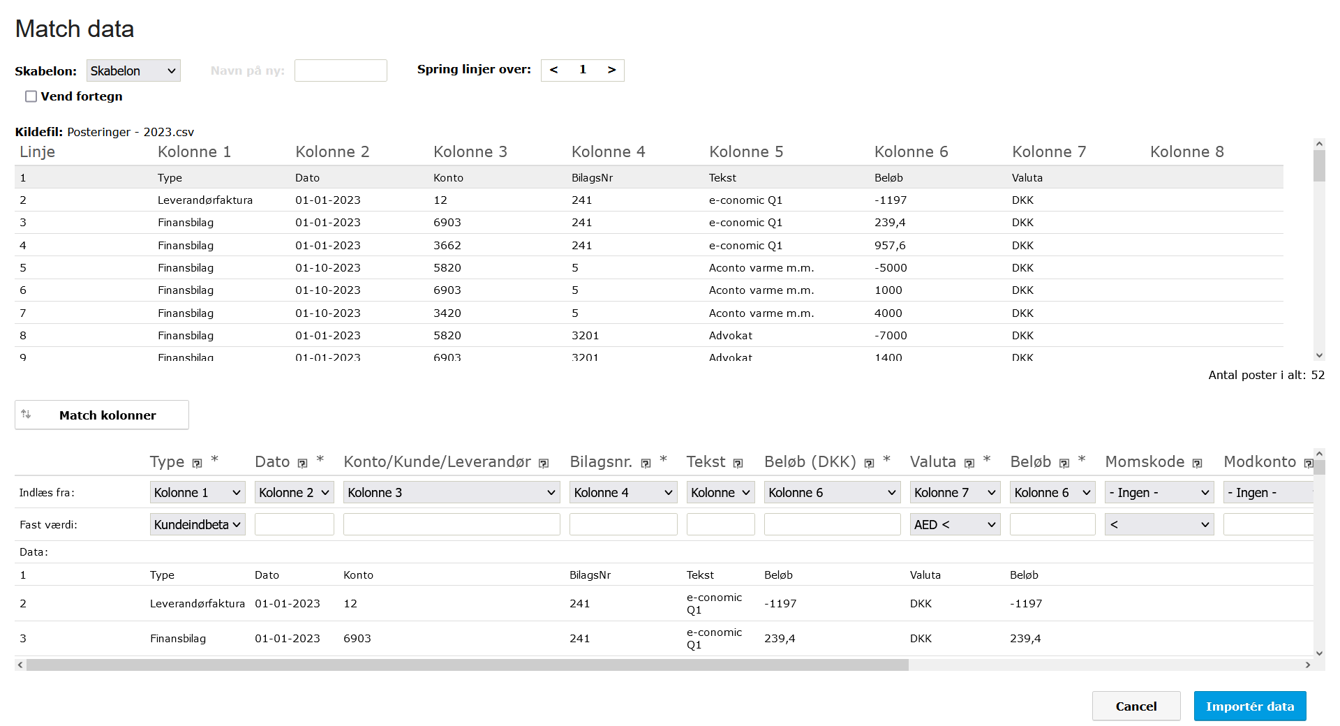 Viser dialogboksen til datamatchning i import af posteringer – bruges til at mappe kolonner fra en fil til systemets felter