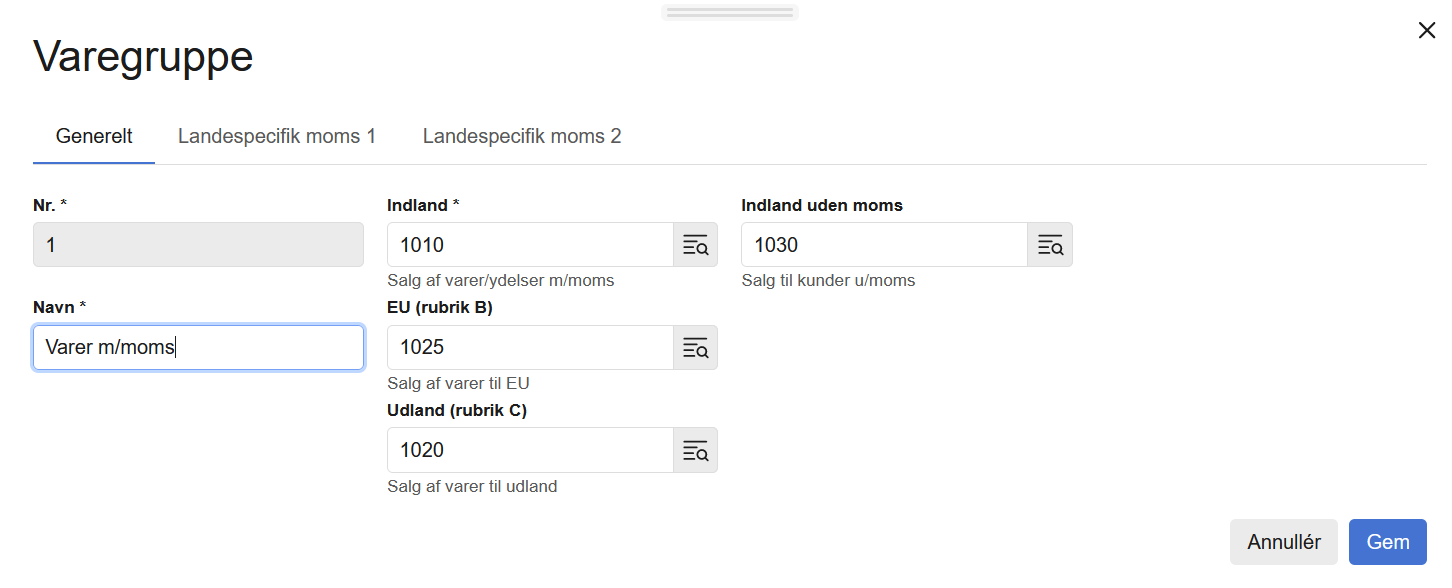 Viser kontofelterne på en varegruppe i vareopsætningen – bruges til at ændre hvilke salgskonti der skal bogføres på.