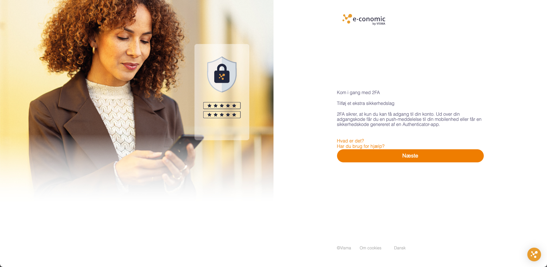 Viser informationssiden til opsætning af 2FA i e-conomic – bruges til at påbegynde opsætningen af to-faktor-godkendelse for at øge kontosikkerheden.