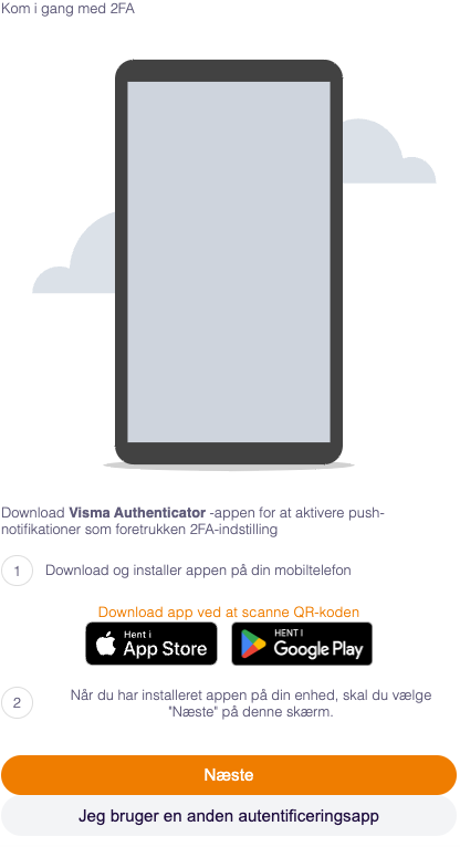Viser knappen 'Jeg bruger en anden autentificeringsapp' i opsætningen af totrinsbekræftelse – bruges til at fortsætte opsætningen med en valgfri autentificeringsapp.