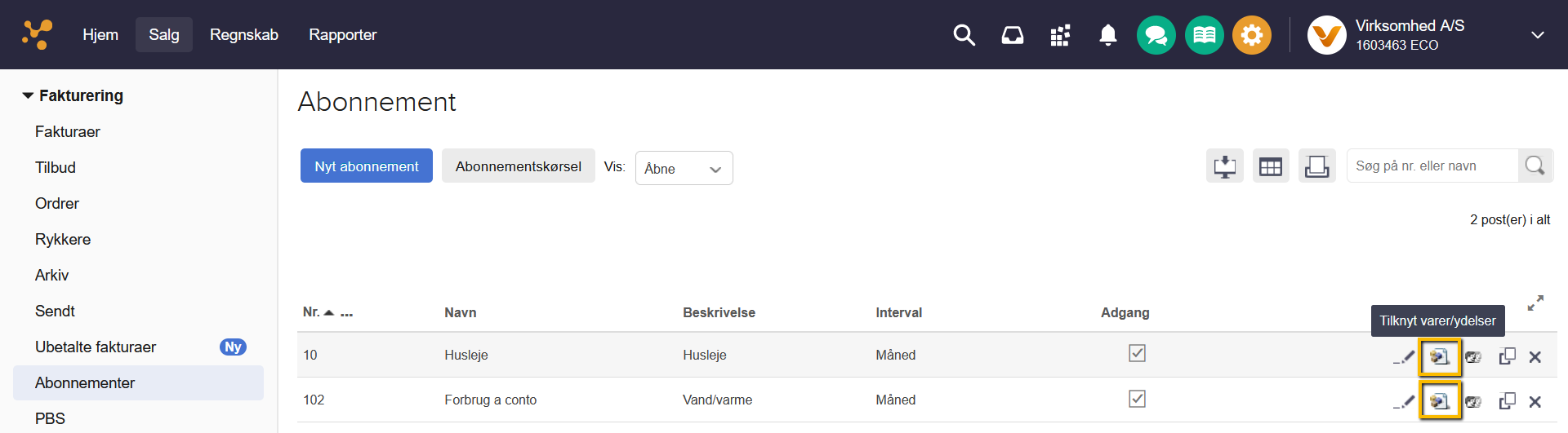 Viser ikonet 'Tilknyt vare/ydelse' i abonnementslisten – bruges til at tilknytte en vare eller ydelse til et abonnement.