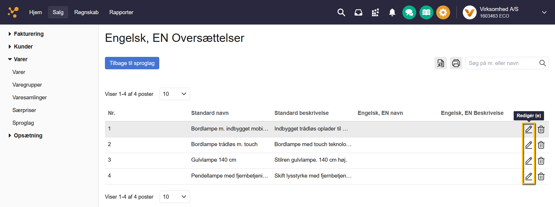 Viser blyant-ikonet 'Redigér' i sproglag – bruges til at redigere oversættelsen for en vare.