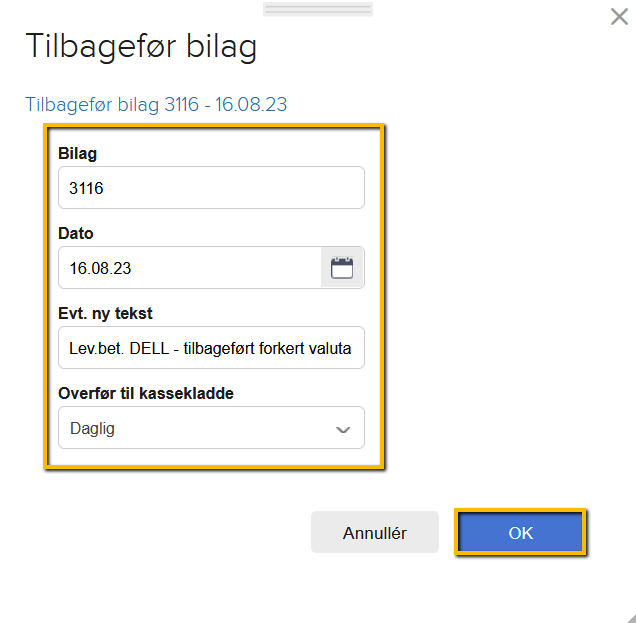 Viser "Tilbagefør bilag"-dialogboksen i Regnskab – bruges til at bekræfte tilbageførslen af et bilag til en kassekladde.
