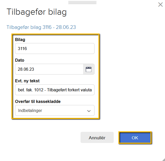 Viser dialogboksen "Tilbagefør bilag" i Regnskab – bruges til at overføre en tilbageførsel til en valgt kassekladde.