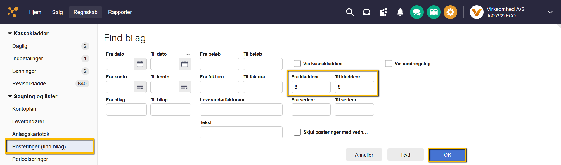 Viser søgning via kassekladdenummer i 'Posteringer (find bilag)' – bruges til at finde en specifik bogført kassekladde.