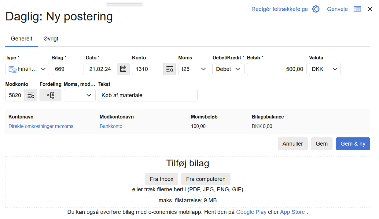 Viser en ny postering i kassekladden – bruges til at bogføre en regning.