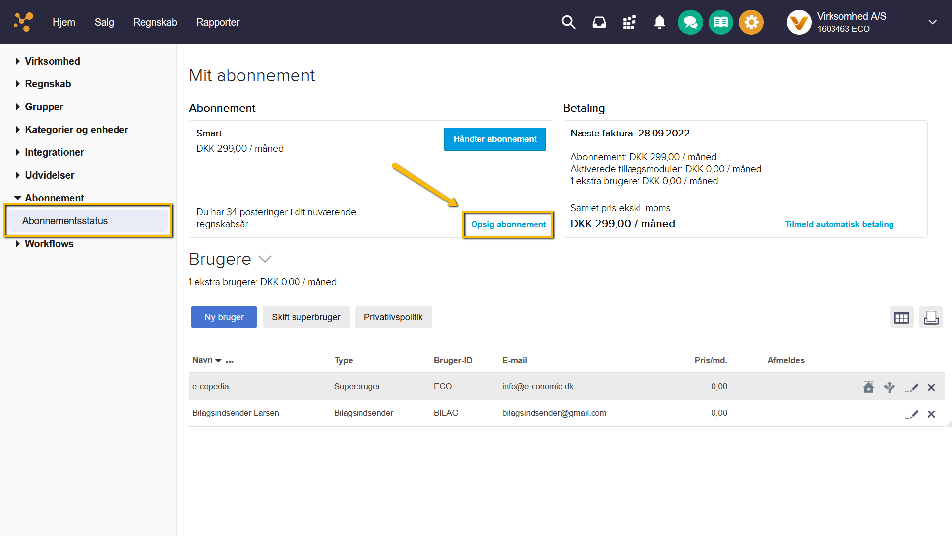 Viser knappen 'Opsig abonnement' i Abonnementsstatus – bruges til at starte opsigelsen af e-conomic-abonnementet