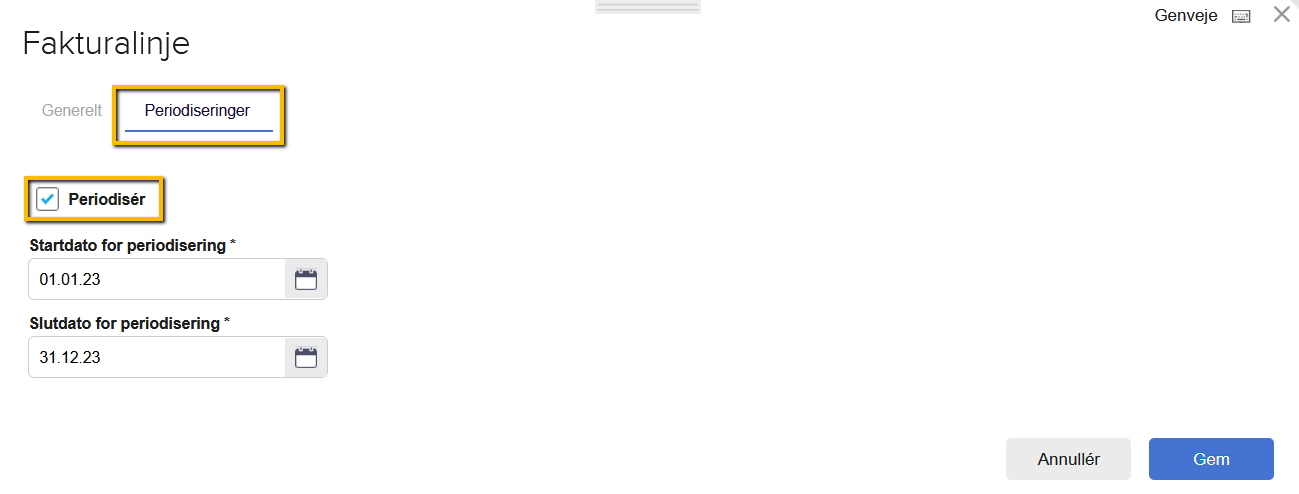 Viser fanen 'Periodiseringer' på en fakturalinje – bruges til at aktivere periodisering og angive en start- og slutdato for varelinjen.