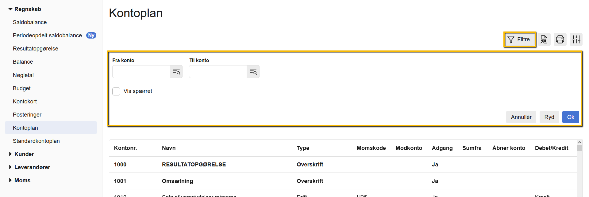 Viser filterpanelet i kontoplanen – bruges til at afgrænse hvilke konti der vises i rapporten.