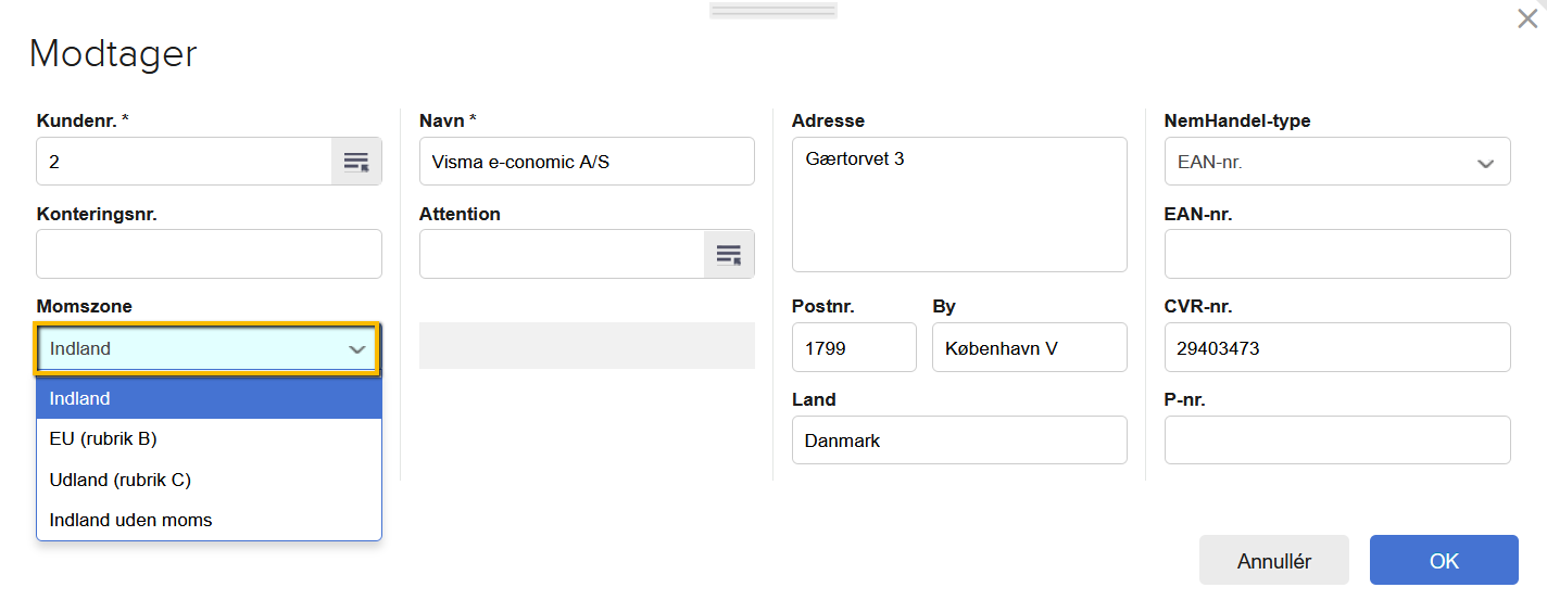 Viser valg af momszone i modtagervinduet på en faktura – bruges til at indstille den korrekte momsafregning for kunden.