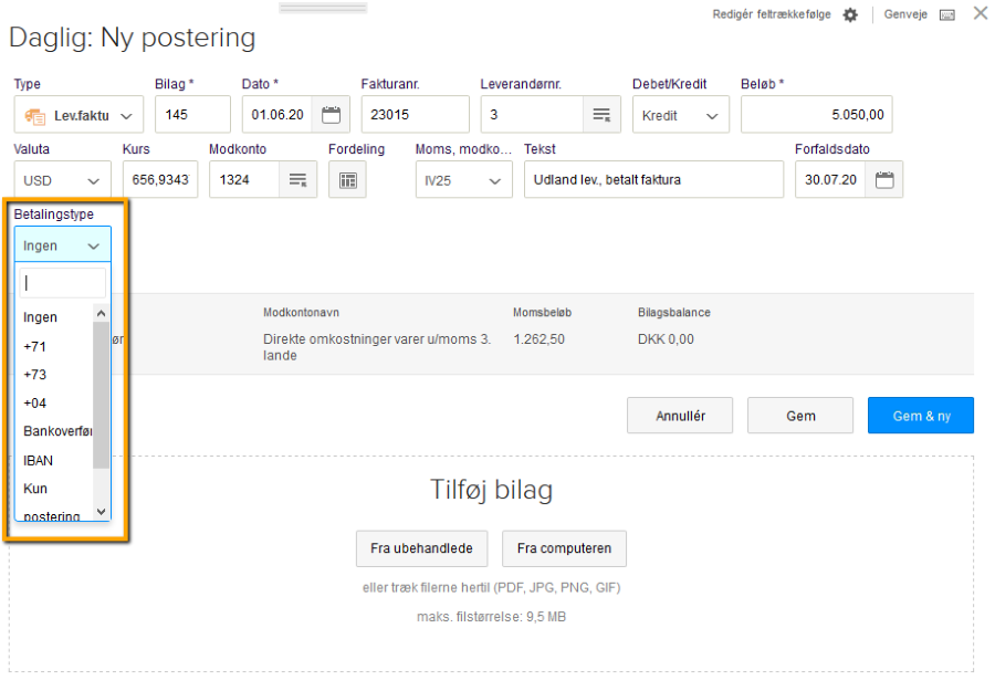 Viser drop-down-menuen 'Betalingstype' i en ny postering – bruges til at vælge betalingsmetode på en leverandørfaktura.