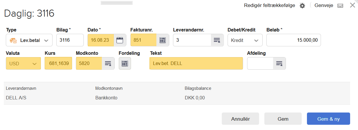 Viser oprettelse af en leverandørbetaling i fremmed valuta i kassekladden – bruges til at registrere en betaling til en leverandør i en anden valuta end DKK.