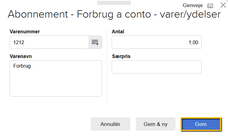 Viser vinduet til at tilknytte en ydelse i Abonnement – bruges til at gemme ydelsen på abonnementet.