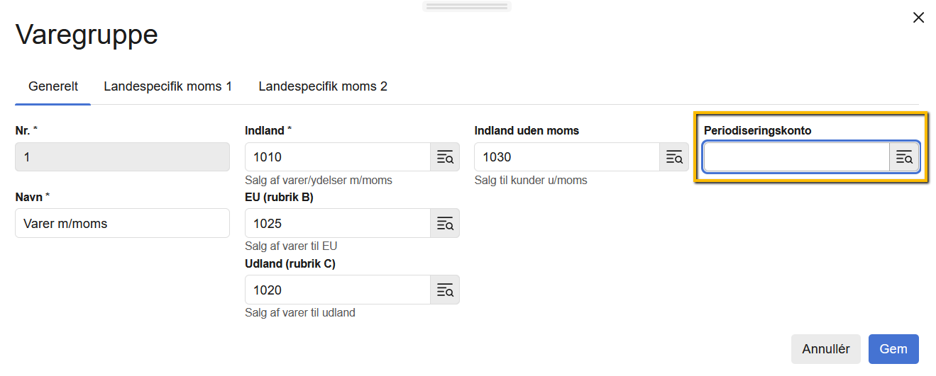 Viser feltet 'Periodiseringskonto' i en varegruppe – bruges til at angive den konto, som salg fra varegruppen skal periodiseres på.