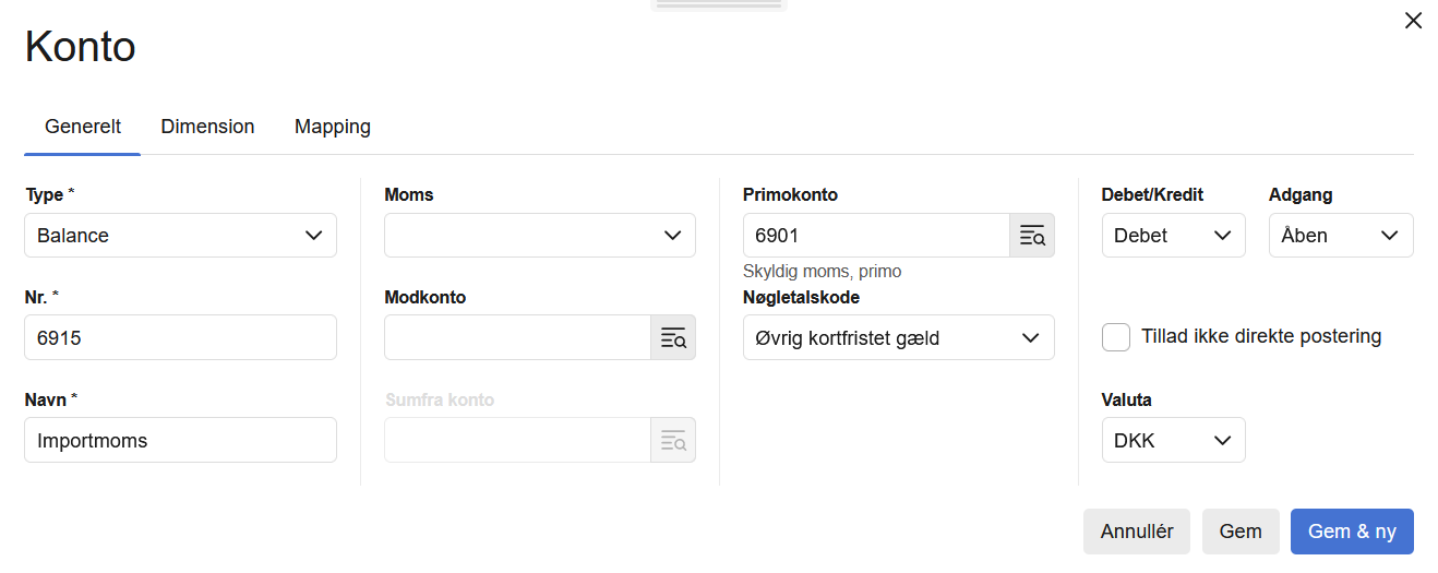 Viser indstillingerne for en ny konto til importmoms i Kontoplanen – bruges til at oprette konto 6915 korrekt.