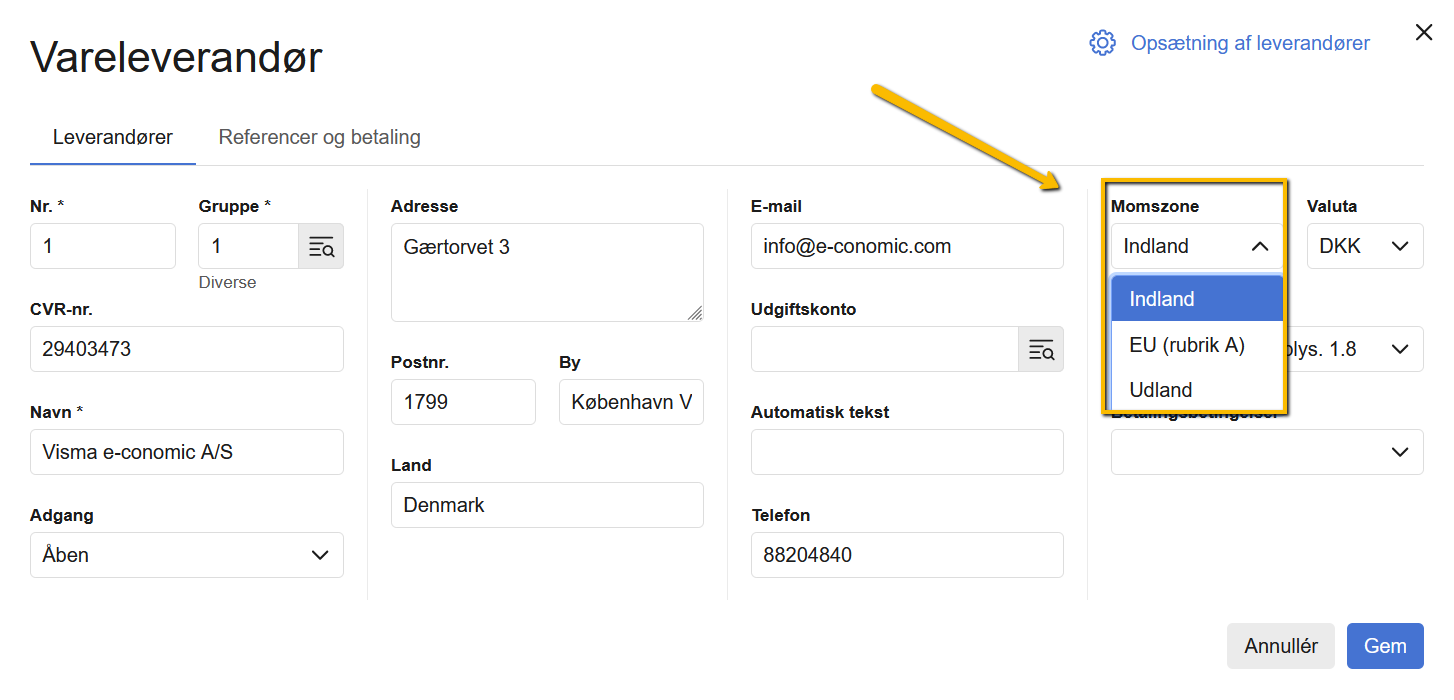 Viser dropdown-menuen 'Momszone' på leverandørens stamkort – bruges til at indstille den korrekte momszone for leverandøren.