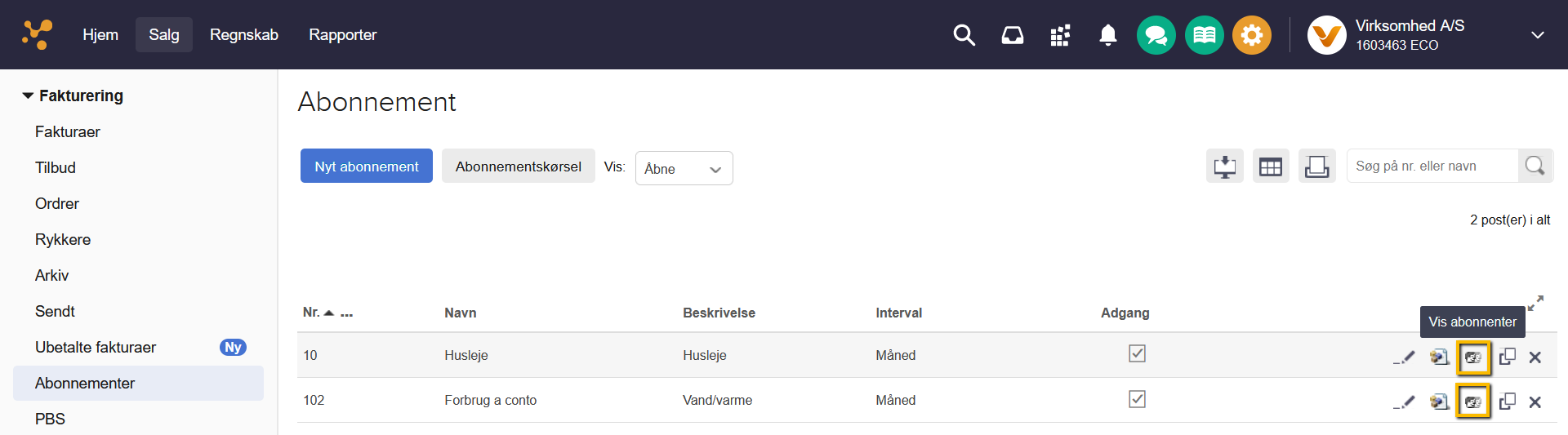 Viser ikonet 'Vis abonnenter' i oversigten over abonnementer – bruges til at tilføje en kunde til det valgte abonnement.