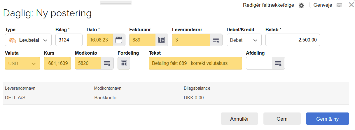 Viser en ny postering for en leverandørbetaling i kassekladden – bruges til at oprette den korrekte betaling med den rigtige valutakurs.