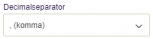 Viser dropdown-feltet 'Decimalseparator' i Salg – bruges til at vælge hvilket tegn der skal bruges som decimalseparator.
