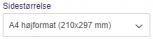 Viser dropdown-feltet 'Sidestørrelse' i Salg – bruges til at vælge sidestørrelsen på et salgsdokument.