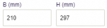 Viser felterne 'B (mm)' og 'H (mm)' i Design og layout – bruges til at definere sidestørrelsen for en skabelon.